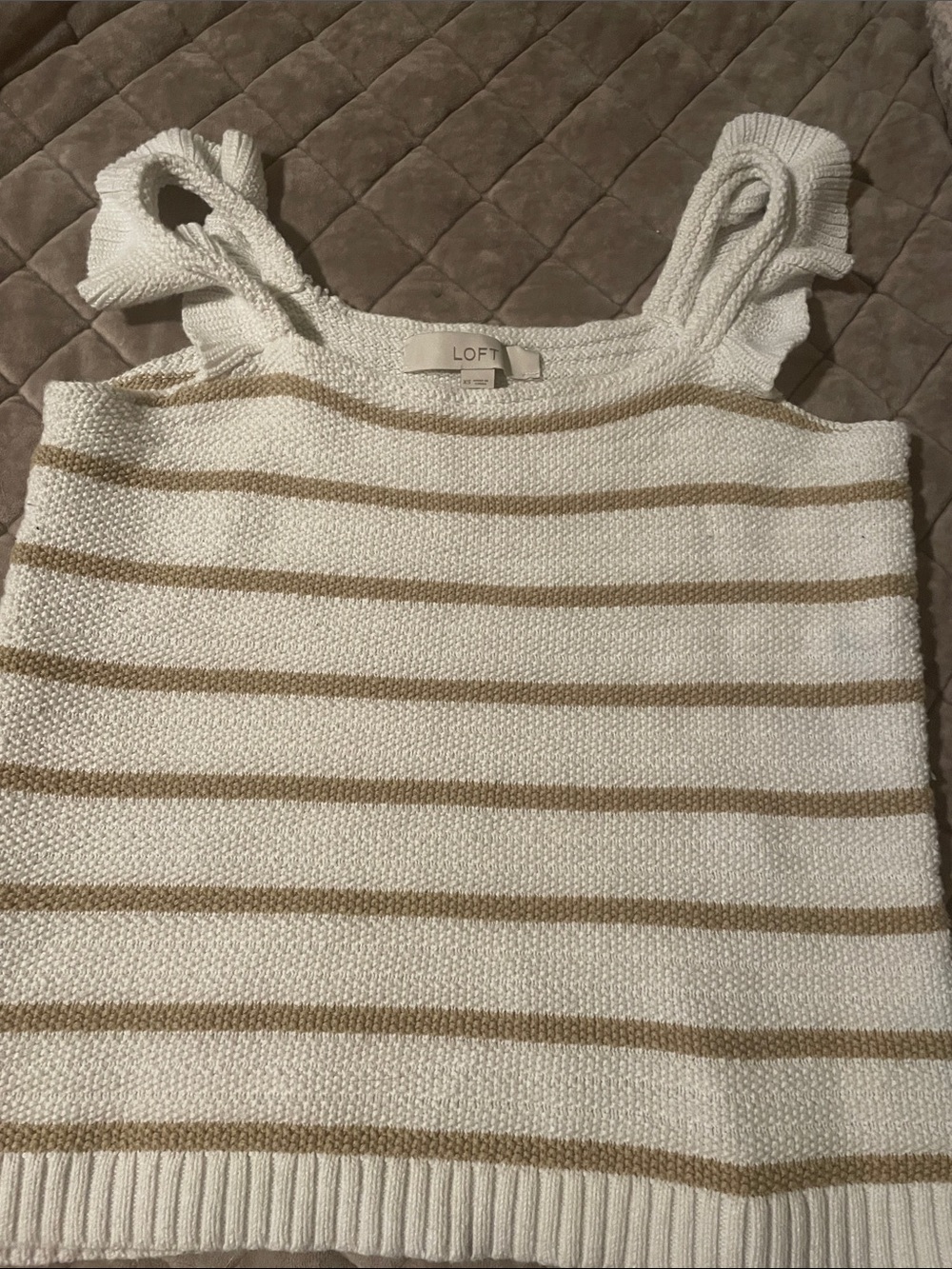 LOFT Ivory Knit Tank with Tan Stripes